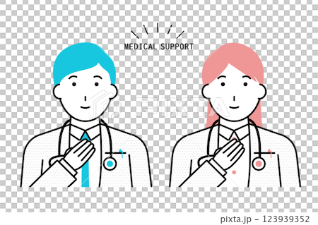 Illustration of a male and female doctor holding their hands on their chest 123939352