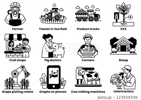 Set of illustrations in the concept of digital agriculture in line drawing style Set of illustrations in the concept of digital agriculture in line drawing style 123939398