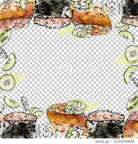 Traditional Japanese food, gunkan inari sushi with raw fish salmon tuna crab, caviar cucumber slices hand drawn in watercolor, ink. Square border frame for restaurant, cafe menu, kitchen, recipe book Traditional Japanese food, gunkan inari sushi with raw fish salmon tuna crab, caviar cucumber slices hand drawn in watercolor, ink. Square border frame for restaurant, cafe menu, kitchen, recipe book 123939494