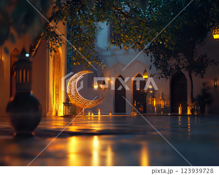 Tranquil courtyard showcasing a luminous crescent lantern feature Tranquil courtyard showcasing a luminous crescent lantern feature 123939728