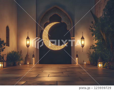 Tranquil courtyard adorned with a prominent crescent lantern display 123939729