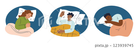 Collection of minimalist scenes with sleeping people in pajamas, with blankets, pillows, and bedding items. Healthy sleep vector illustrations, natural fabrics, relaxation, and cozy atmosphere 123939745