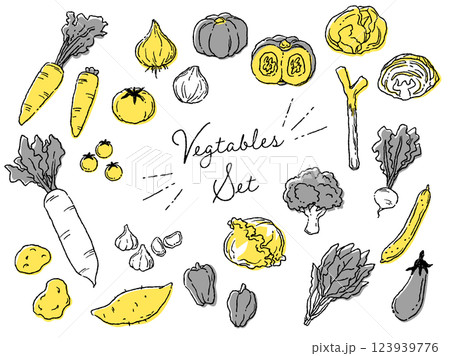 おしゃれでラフな雰囲気の野菜のベクターイラストセット(イエロー×グレー) おしゃれでラフな雰囲気の野菜のベクターイラストセット(イエロー×グレー) 123939776