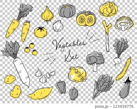 時尚休閒的蔬菜向量插圖集（黃色 x 灰色） 123939776