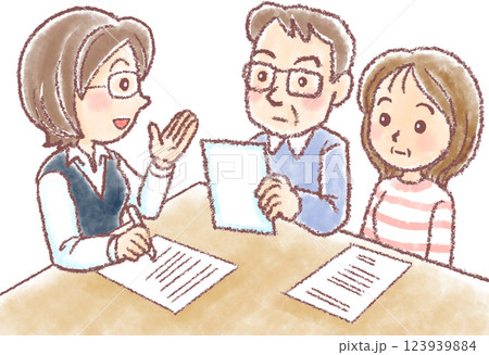 打ち合わせをする_中高年夫婦と女性職員 123939884