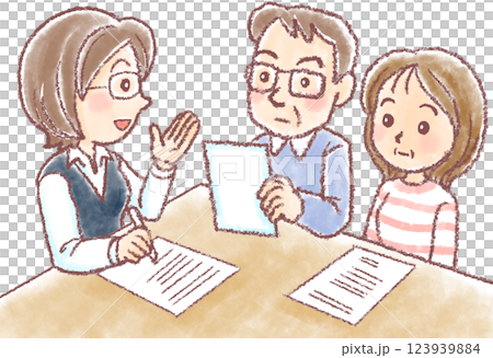打ち合わせをする_中高年夫婦と女性職員 123939884