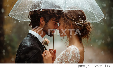 Couple sharing romantic moment under transparent umbrella in rain 123940145