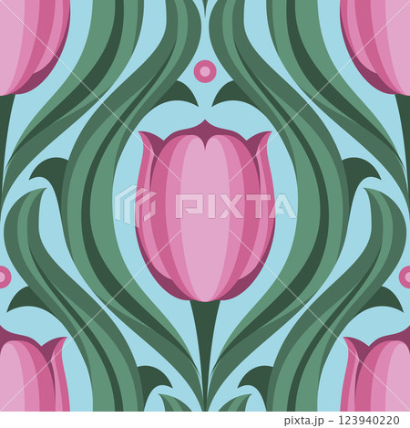 Seamless Tulip Pattern With Leaves 123940220