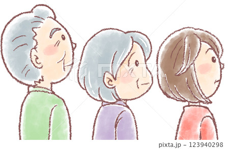 高齢夫婦と中年の娘_横向き_見上げる_介護のイラスト 高齢夫婦と中年の娘_横向き_見上げる_介護のイラスト 123940298