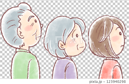 高齢夫婦と中年の娘_横向き_見上げる_介護のイラスト 高齢夫婦と中年の娘_横向き_見上げる_介護のイラスト 123940298