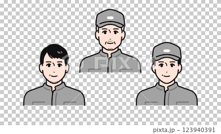 Simple vector illustration set of middle-aged and senior men wearing overalls 123940391