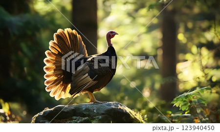A turkey elegantly standing on a rock, basking in sunlight within a lush forest scene. Wildlife elegance concept 123940450