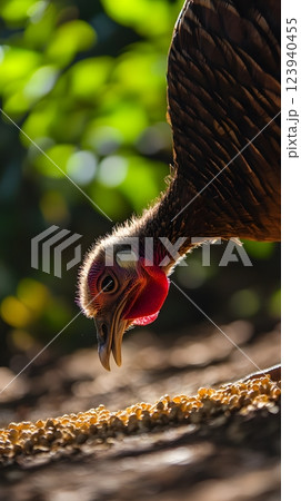 A close-up of a turkey savoring a feast of grains in a natural setting. Wildlife feeding concept 123940455