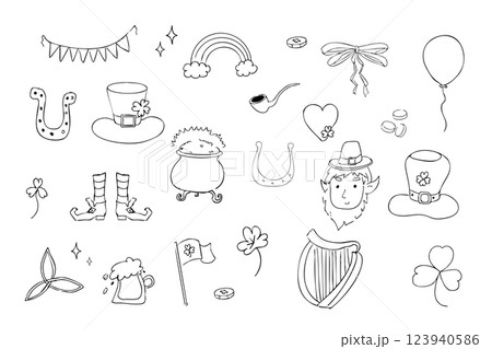 Saint Patrick Day elements decoration doodle set line traditional decorations. Rainbow, harp, coins and lucky clover icon Saint Patrick Day elements decoration doodle set line traditional decorations. Rainbow, harp, coins and lucky clover icon 123940586