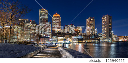 View of Boston downtown  skyscrapers seen from Fan Pier Park on a cold cloudy winter night 123940625