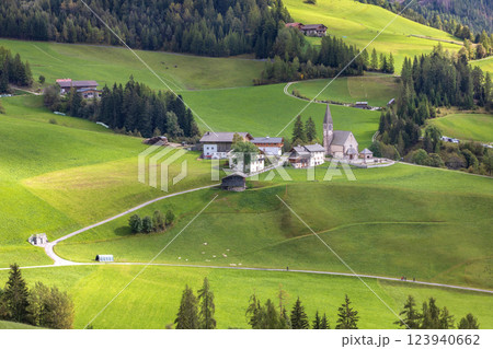 St. Magdalena church in Dolomites, Italy 123940662