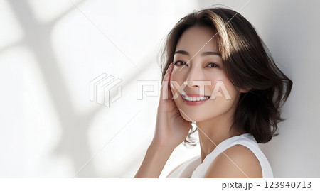 部屋で微笑む中年女性　美容イメージ　AI 123940713