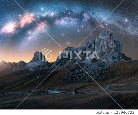 Milky Way galaxy over alpine mountains on summer starry night 123940722