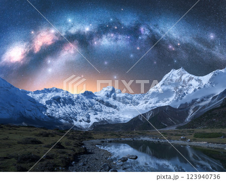 Milky Way arch over snowy mountains and lake at night in Nepal Milky Way arch over snowy mountains and lake at night in Nepal 123940736