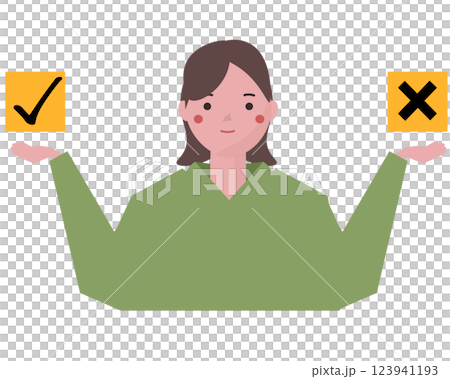 丸と罰の選択肢をチョイスする女性。ベクターイラスト	 123941193