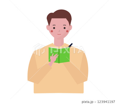 メモを取る男性。メモ帳とペンを持つ人物。ベクターイラスト メモを取る男性。メモ帳とペンを持つ人物。ベクターイラスト 123941197