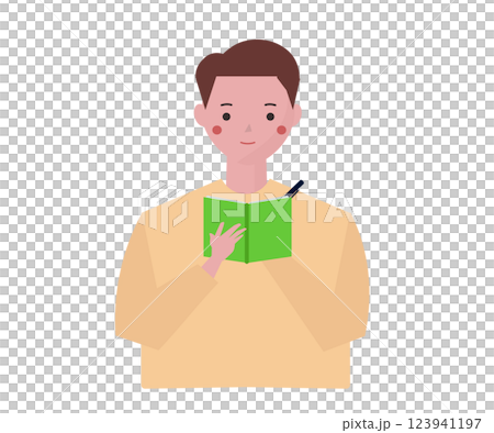 メモを取る男性。メモ帳とペンを持つ人物。ベクターイラスト メモを取る男性。メモ帳とペンを持つ人物。ベクターイラスト 123941197