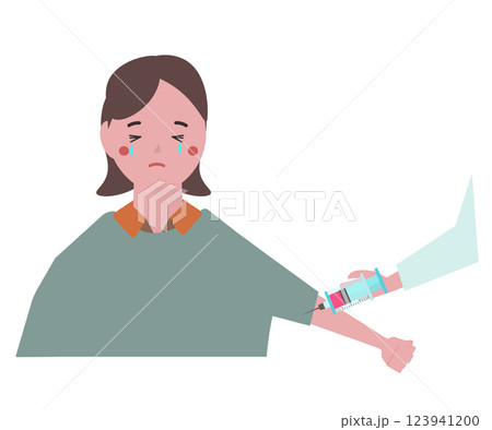 注射を嫌がる若い女性。注射の痛さに泣く女の子。ベクターイラスト 注射を嫌がる若い女性。注射の痛さに泣く女の子。ベクターイラスト 123941200