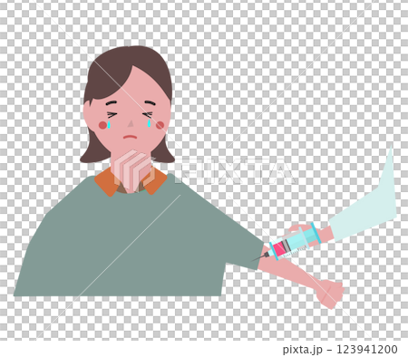 注射を嫌がる若い女性。注射の痛さに泣く女の子。ベクターイラスト 注射を嫌がる若い女性。注射の痛さに泣く女の子。ベクターイラスト 123941200
