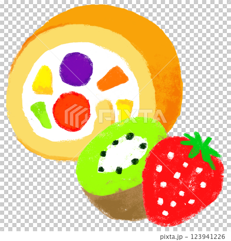Simple illustration: Crayon-style roll cake with lots of fruit 123941226