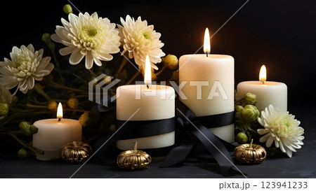 Lit candles, chrysanthemum blooms, and a black mourning ribbon set against a dark backdrop. 123941233