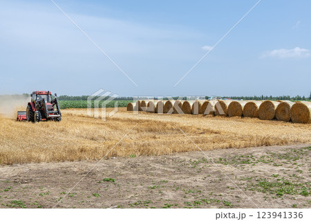 夏の北海道 麦稈ロールと作業中の機械(北海道イメージ) 夏の北海道 麦稈ロールと作業中の機械(北海道イメージ) 123941336