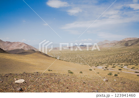 Landscape from remote region of Mongolia. Road to Altai mountains, Oigor valley Landscape from remote region of Mongolia. Road to Altai mountains, Oigor valley 123941460