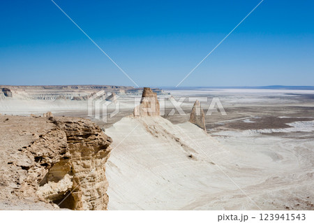 Stunning Mangystau landscape, Kazakhstan. Rock pinnacles view, Bozzhira valley Stunning Mangystau landscape, Kazakhstan. Rock pinnacles view, Bozzhira valley 123941543