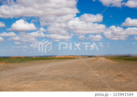 Dirt road in mongolian steppe, Gobi desert landscape, Mongolia Dirt road in mongolian steppe, Gobi desert landscape, Mongolia 123941584