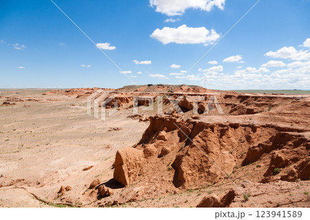 Flaming Cliffs rocks landscape, Mongolia. Gobi desert Flaming Cliffs rocks landscape, Mongolia. Gobi desert 123941589