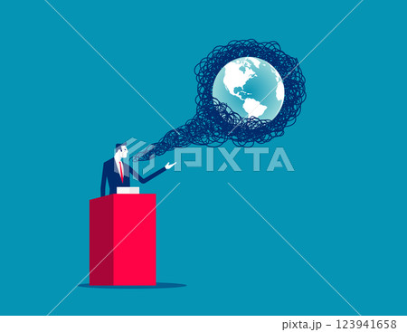 Vector exhaust and carbon come out of the mouth of the speaker at the climate summit conference and envelope the world 123941658