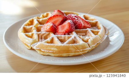 粉砂糖とイチゴをトッピングしたワッフル | 木目テーブル背景 粉砂糖とイチゴをトッピングしたワッフル | 木目テーブル背景 123941840