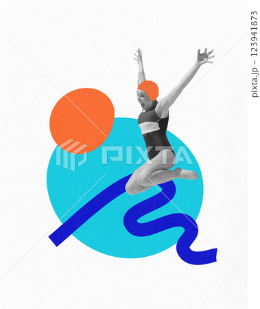 Excited woman in vintage swimsuit and cap jumping in joy against abstract sun, wave, and circle background. 123941873