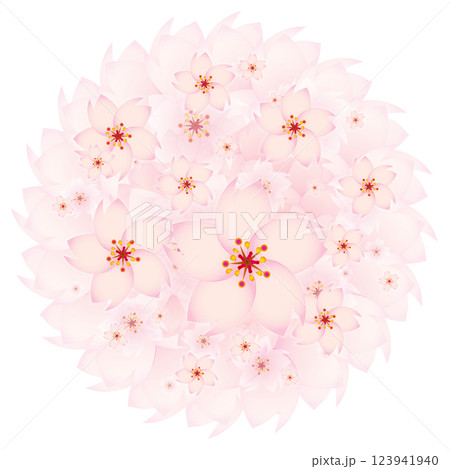 明るい桜の花の円形リースにさらにかわいい桜の花を散りばめた美しい装飾イラスト 123941940