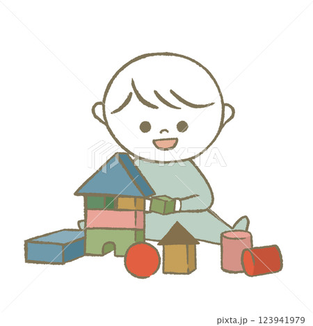 積み木で遊ぶ子供　水色 123941979
