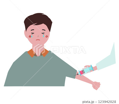 注射を嫌がる若い男性。注射の痛さに泣く男の子。ベクターイラスト	 123942028