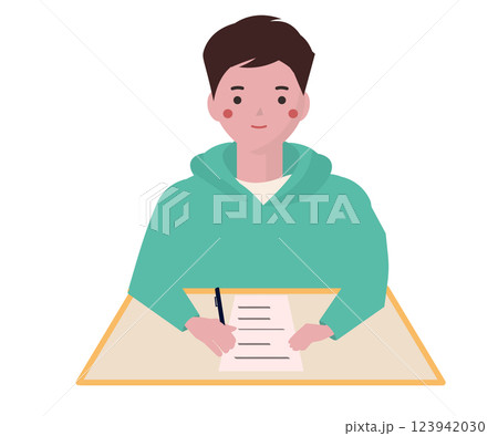 書類に書く男の子。ベクターイラスト	 123942030