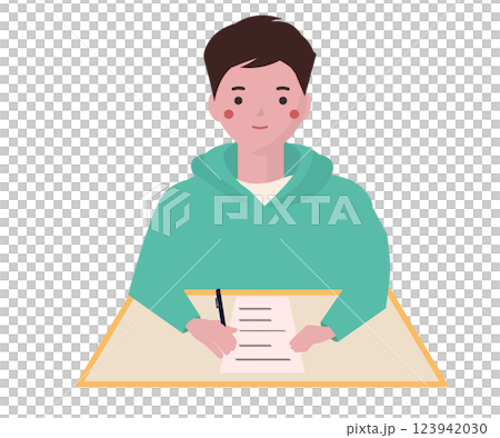 書類に書く男の子。ベクターイラスト	 123942030