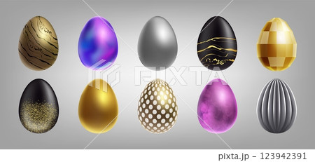 Egg easter 3d. Gold metal realistic for spring decorating. Happy golden ornament. Gift of celebration, glitter eggs. Luxury metallic isolated glossy isolated element. Vector illustration set for party Egg easter 3d. Gold metal realistic for spring decorating. Happy golden ornament. Gift of celebration, glitter eggs. Luxury metallic isolated glossy isolated element. Vector illustration set for party 123942391