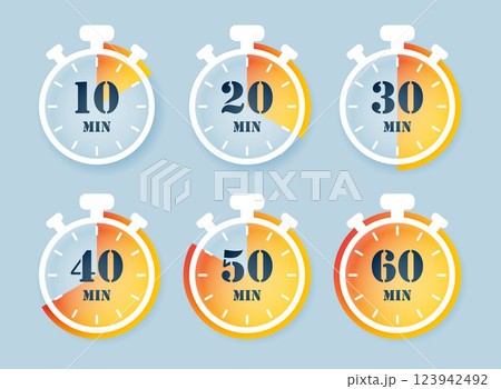 From 10 minutes to 60 minutes on stopwatch icon set collection in flat style. Clock face timer vector illustration on isolated background. Countdown sign business concept. 123942492