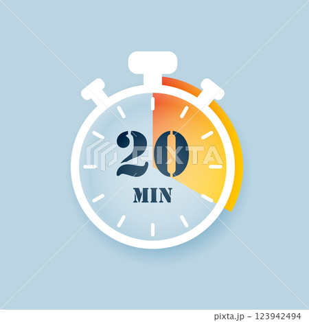 20 minutes on stopwatch icon in flat style. Clock face timer vector illustration on isolated background. Countdown sign business concept. 123942494