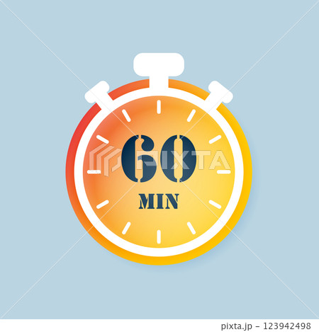 60 minutes on stopwatch icon in flat style. Clock face timer vector illustration on isolated background. Countdown sign business concept. 123942498