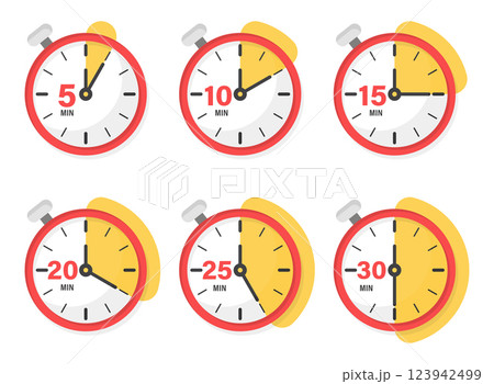 From 5 minutes to 30 minutes on stopwatch icon set collection in flat style. Clock face timer vector illustration on isolated background. Countdown sign business concept. From 5 minutes to 30 minutes on stopwatch icon set collection in flat style. Clock face timer vector illustration on isolated background. Countdown sign business concept. 123942499