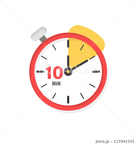 10 minutes on stopwatch icon in flat style. Clock face timer vector illustration on isolated background. Countdown sign business concept. 10 minutes on stopwatch icon in flat style. Clock face timer vector illustration on isolated background. Countdown sign business concept. 123942501