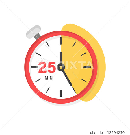 25 minutes on stopwatch icon in flat style. Clock face timer vector illustration on isolated background. Countdown sign business concept. 25 minutes on stopwatch icon in flat style. Clock face timer vector illustration on isolated background. Countdown sign business concept. 123942504